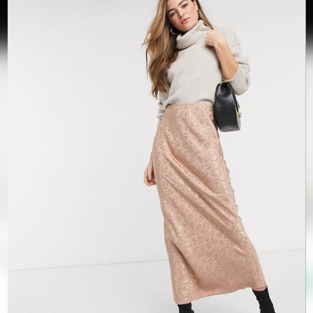 Asos Design Tall Leopard Jacquard Bias Midi Skirt Pale Pink